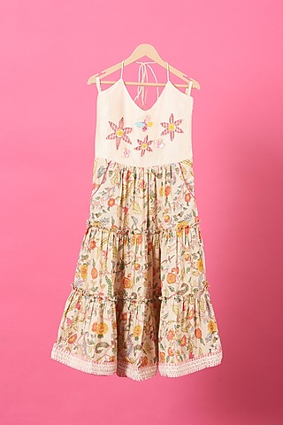 Ivory Printed Maxi Dress For Girls by Little Nida