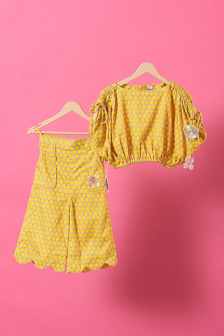 Yellow Cotton Silk Pant Set For Girls by Little Nida