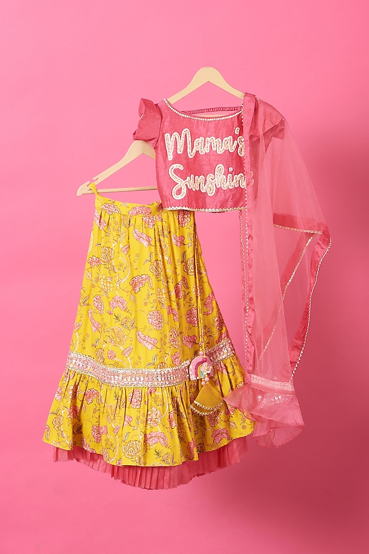 Yellow Floral Printed Lehenga Set For Girls by Little Nida