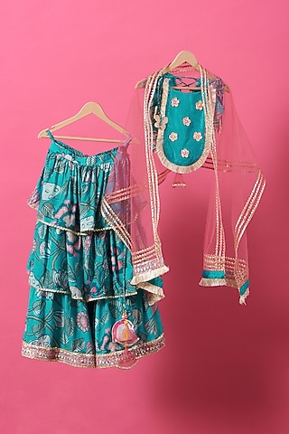 Blue Printed Lehenga Set For Girls by Little Nida