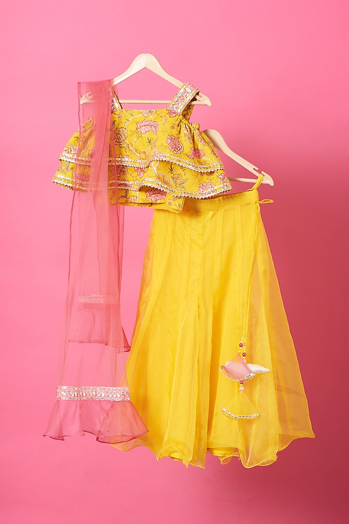 Yellow Organza Palazzo Pant Set For Girls by Little Nida