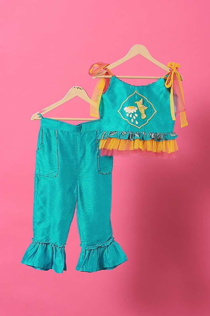 Blue Dupion Silk Pant Set For Girls by Little Nida
