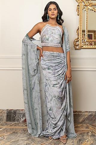 Lilac Cotton Satin Draped Skirt Set by Nidhi Halani