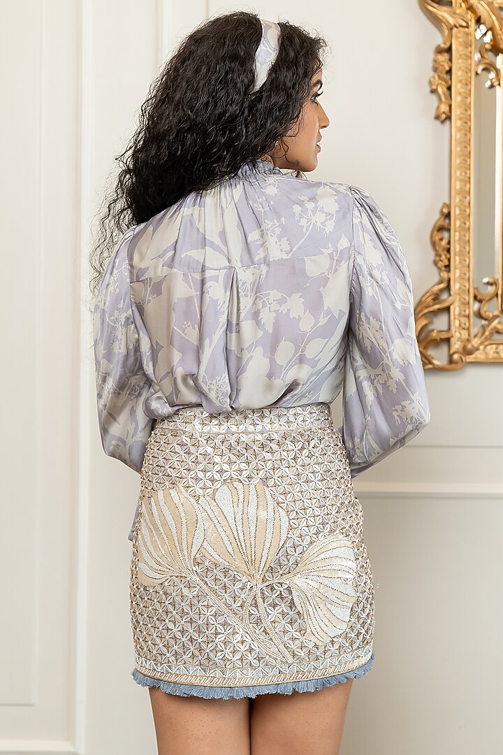 Lilac Satin Hand Embroidered Mini Skirt Set by Nidhi Halani at Pernia's Pop Up Shop