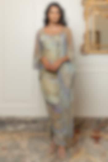 Olive Pure Chiffon Abstract Printed Saree Dress by Nidhi Halani