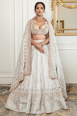 Ivory Silk Hand Embroidered Lehenga Set by Nidhi Halani