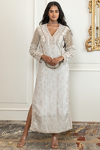 Ivory Silk Foil Hand Embroidered Kaftan Dress by Nidhi Halani