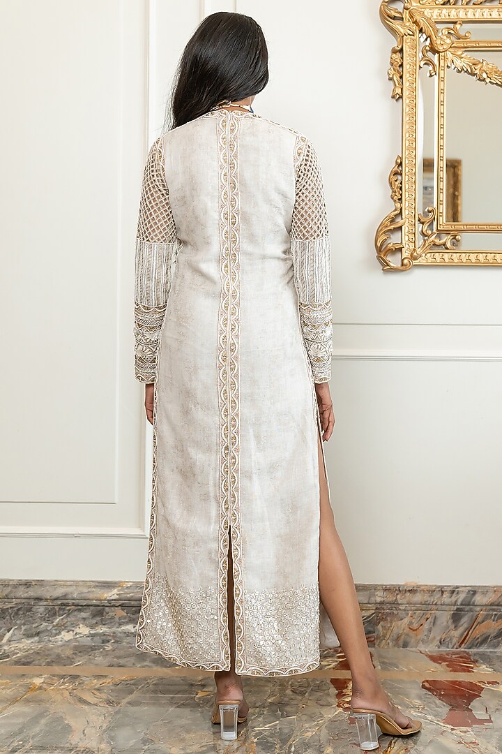 Ivory Silk Foil Hand Embroidered Kaftan Party Wear Dress by Nidhi Halani at Pernia's Pop Up Shop