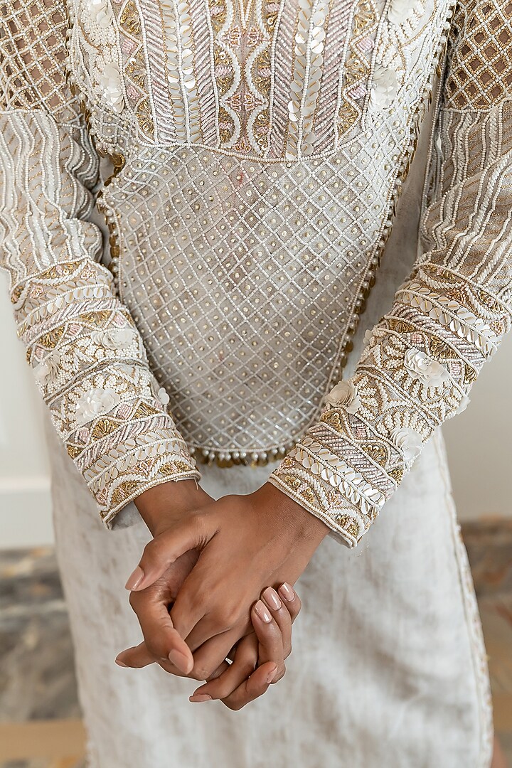 Ivory Silk Foil Hand Embroidered Kaftan Party Wear Dress by Nidhi Halani at Pernia's Pop Up Shop