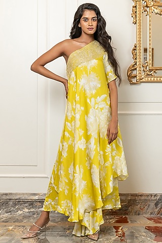Yellow Cotton Satin Hand Embroidered Kaftan Set by Nidhi Halani