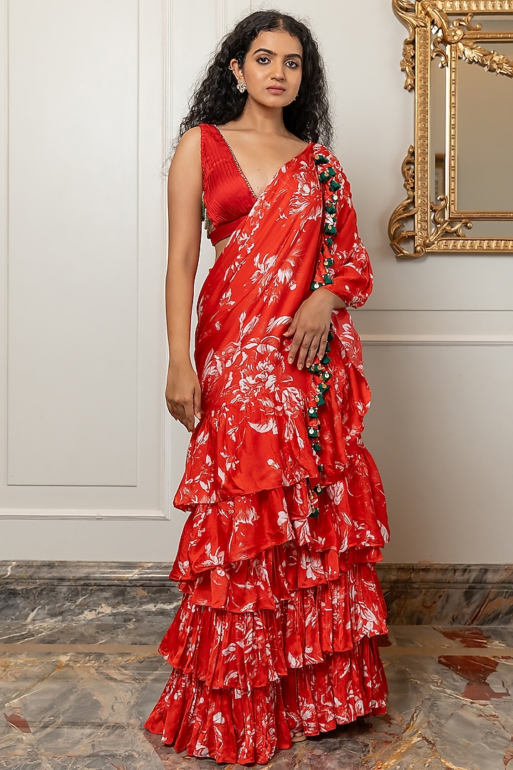 Red Cotton Satin Pre-Stitched Saree Set by Nidhi Halani