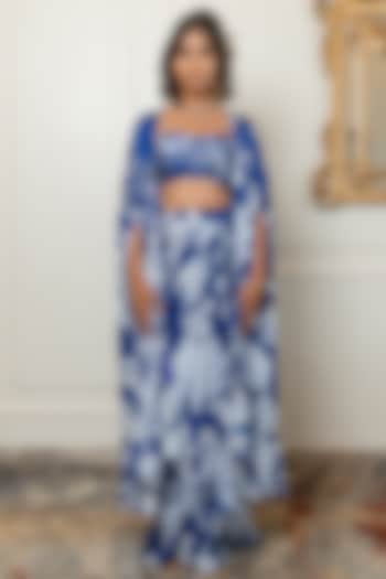 Blue Cotton Satin Draped Skirt Set by Nidhi Halani