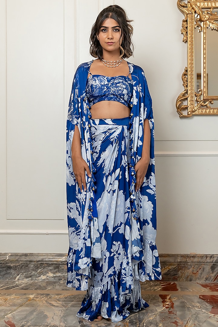 Blue Cotton Satin Draped Skirt Set by Nidhi Halani