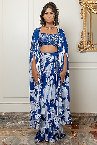 Blue Cotton Satin Draped Skirt Set by Nidhi Halani