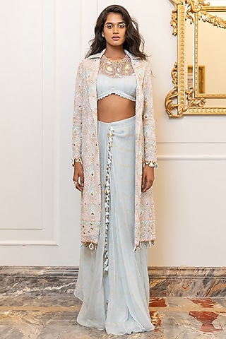Powder Blue & Pink Georgette Pitta Embroidered Pre-Stitched Jacket Saree Set
 by Nidhi Halani