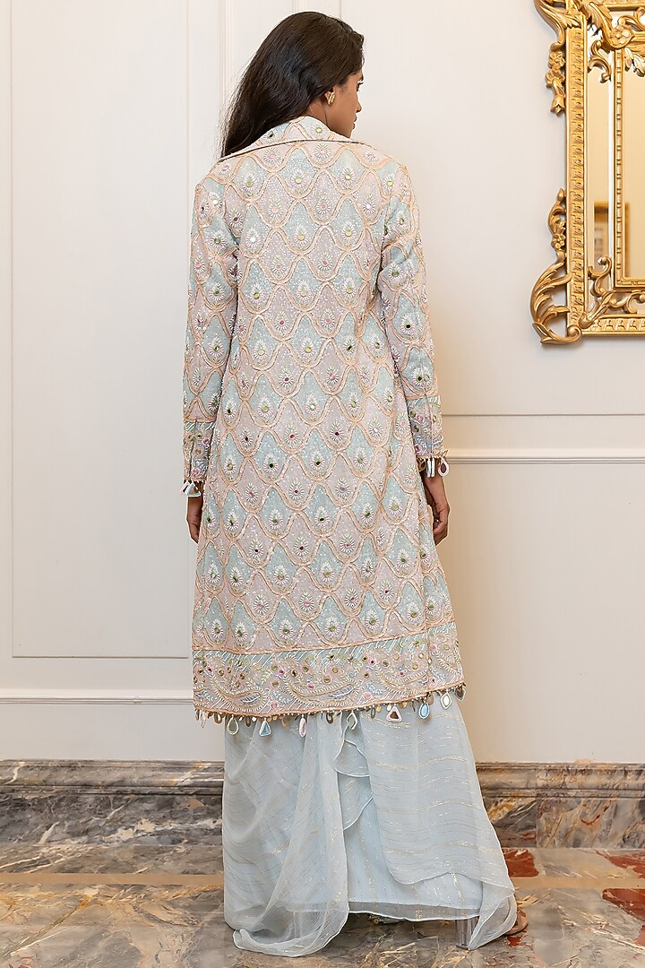 Powder Blue & Pink Georgette Pitta Embroidered Pre-Stitched Jacket Reception Saree Set
 by Nidhi Halani at Pernia's Pop Up Shop