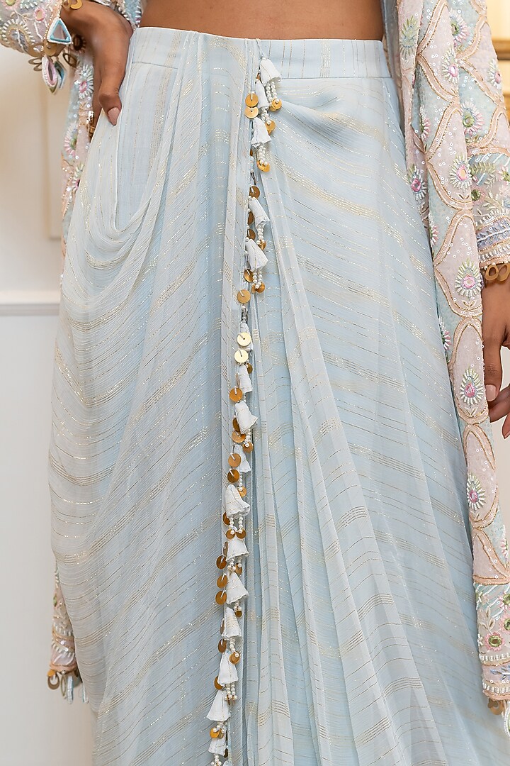 Powder Blue & Pink Georgette Pitta Embroidered Pre-Stitched Jacket Reception Saree Set
 by Nidhi Halani at Pernia's Pop Up Shop