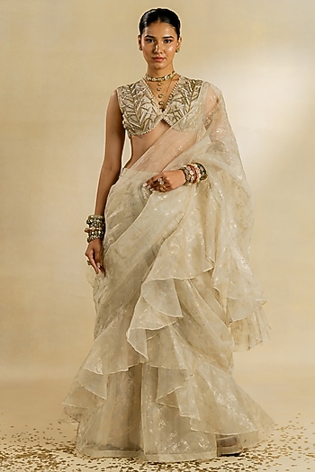 Ivory Organza Foil Wedding Saree Set by Nidhi Halani at Pernia's Pop Up Shop
