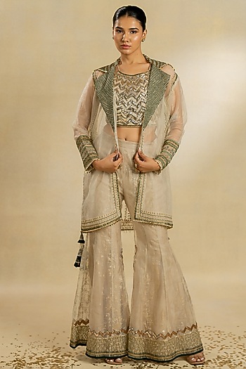 Ivory Organza Foil Hand Embroidered Jacket Set by Nidhi Halani at Pernia's Pop Up Shop