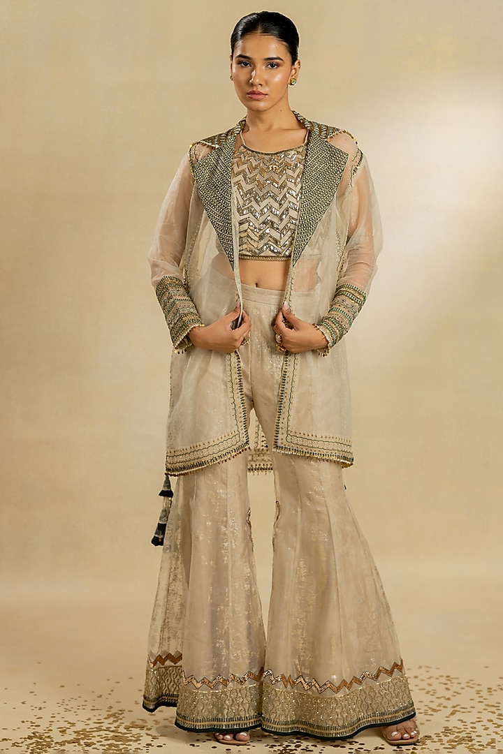 Ivory Organza Foil Hand Embroidered Jacket Set by Nidhi Halani