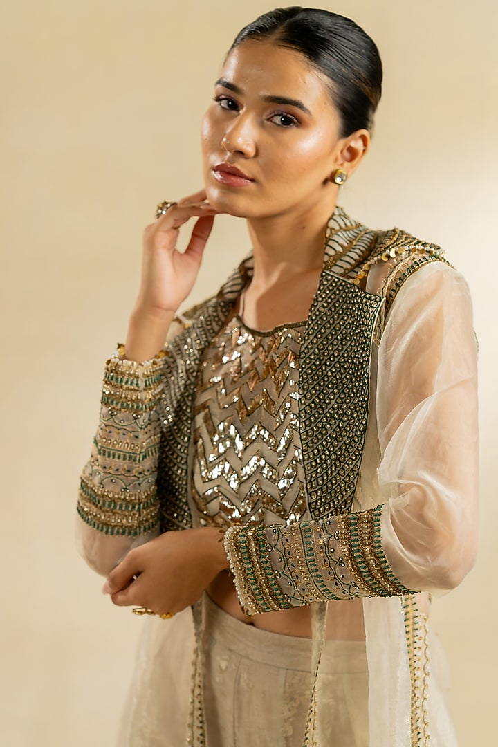 Ivory Organza Foil Hand Embroidered Jacket Set by Nidhi Halani at Pernia's Pop Up Shop