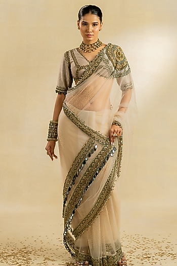 Ivory Net Reception Saree Set by Nidhi Halani at Pernia's Pop Up Shop