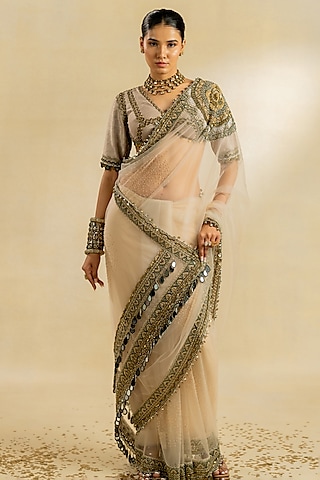 Shop Ivory Embroidered Two-Piece Saree Set for Women Online from India's  Luxury Designers 2024