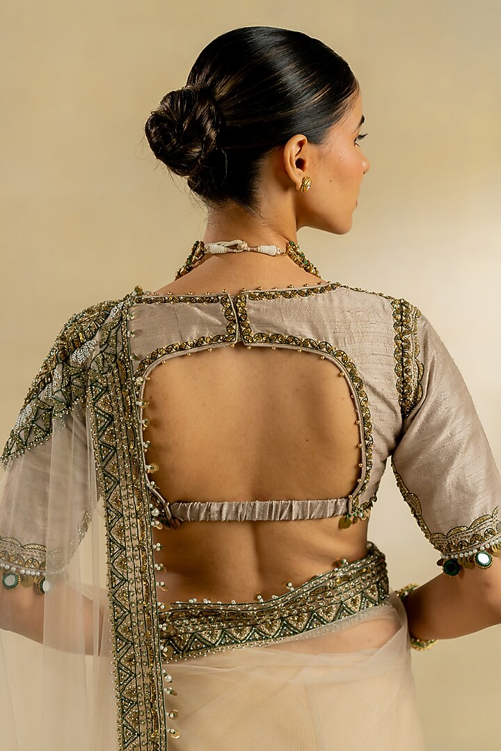 Ivory Net Reception Saree Set by Nidhi Halani at Pernia's Pop Up Shop