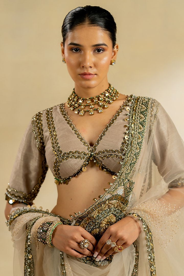 Ivory Net Reception Saree Set by Nidhi Halani at Pernia's Pop Up Shop