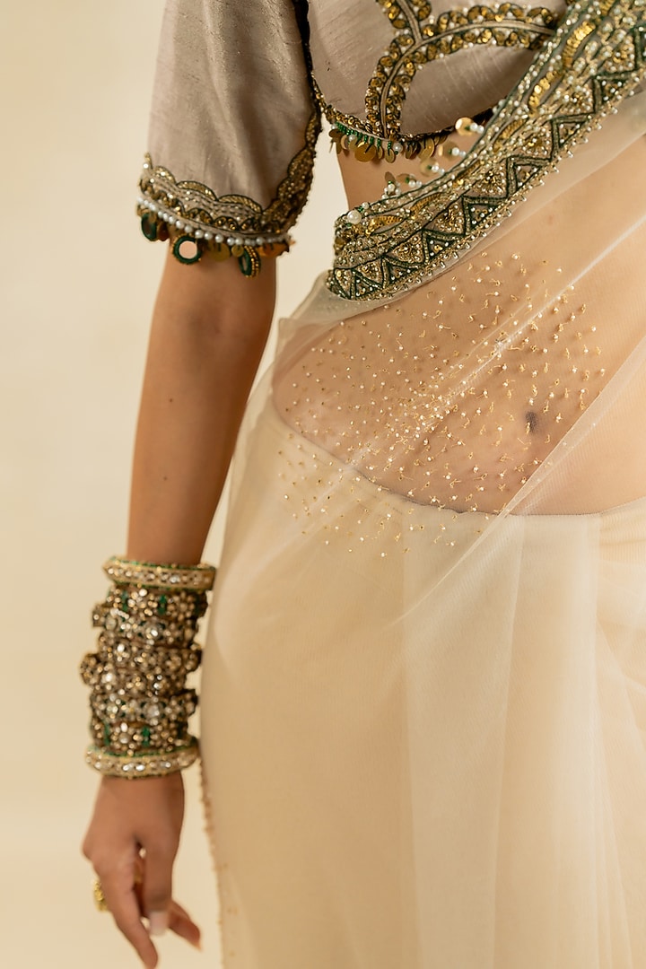 Ivory Net Reception Saree Set by Nidhi Halani at Pernia's Pop Up Shop
