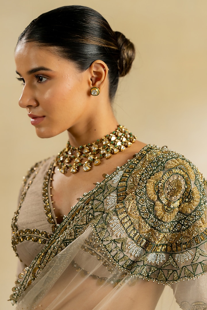 Ivory Net Reception Saree Set by Nidhi Halani at Pernia's Pop Up Shop