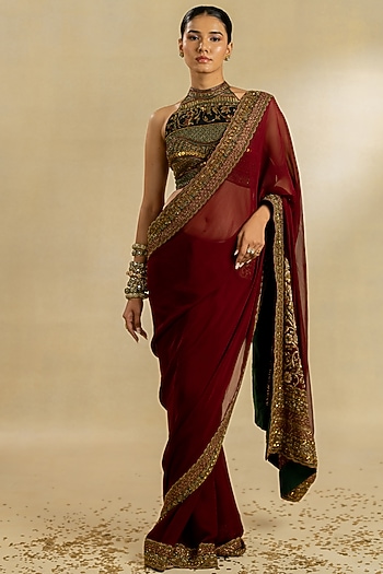Maroon Pure Chiffon Hand Embroidered Reception Saree Set by Nidhi Halani at Pernia's Pop Up Shop