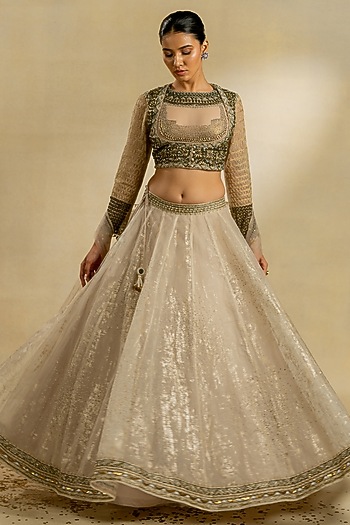 Ivory Foil Organza Hand Embroidered Bridal Lehenga by Nidhi Halani at Pernia's Pop Up Shop