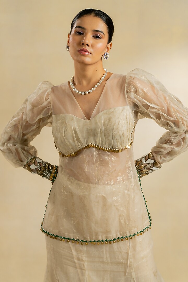 Ivory Foil Organza Hand Embroidered Skirt Set by Nidhi Halani at Pernia's Pop Up Shop