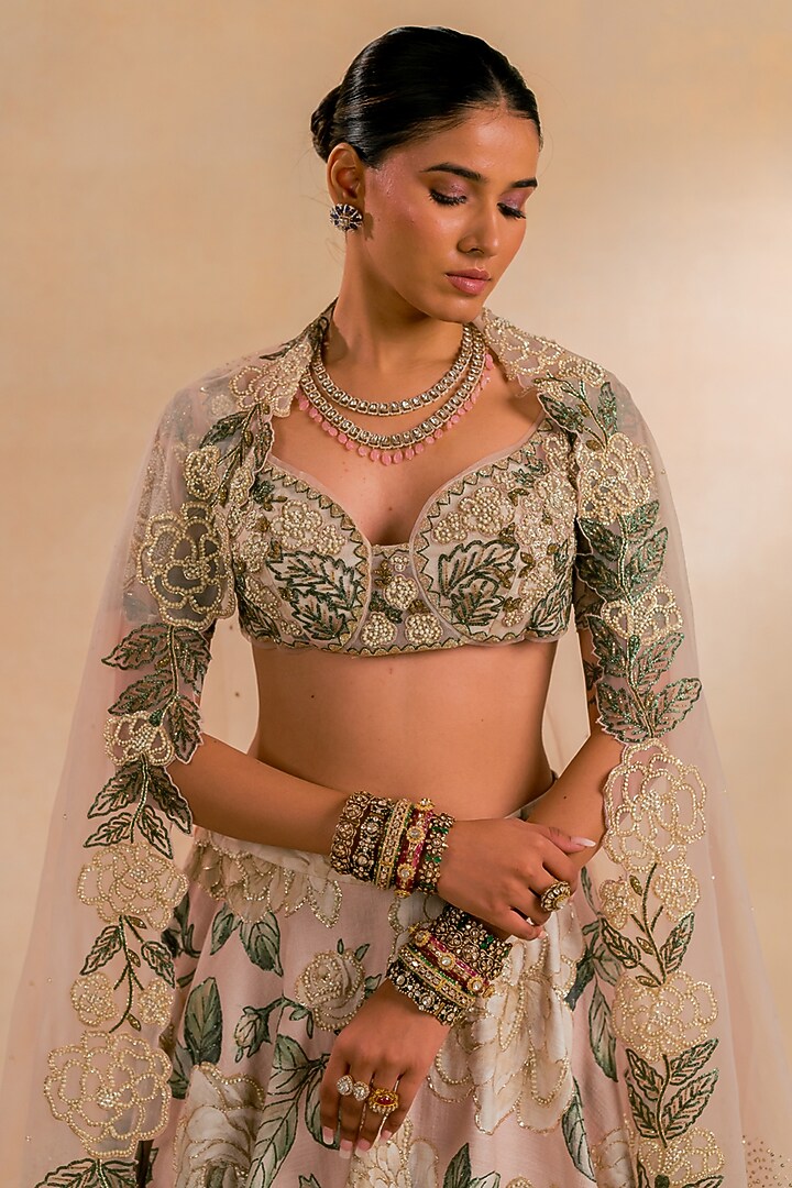 Ivory Jacquard Hand Embroidered Bridal Lehenga Set by Nidhi Halani at Pernia's Pop Up Shop