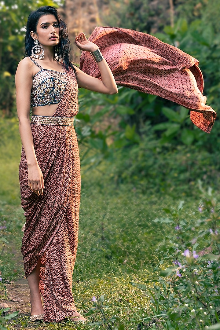 Maroon Printed & Embroidered Drape Saree by Nitara Dhanraj Label at Pernia's Pop Up Shop