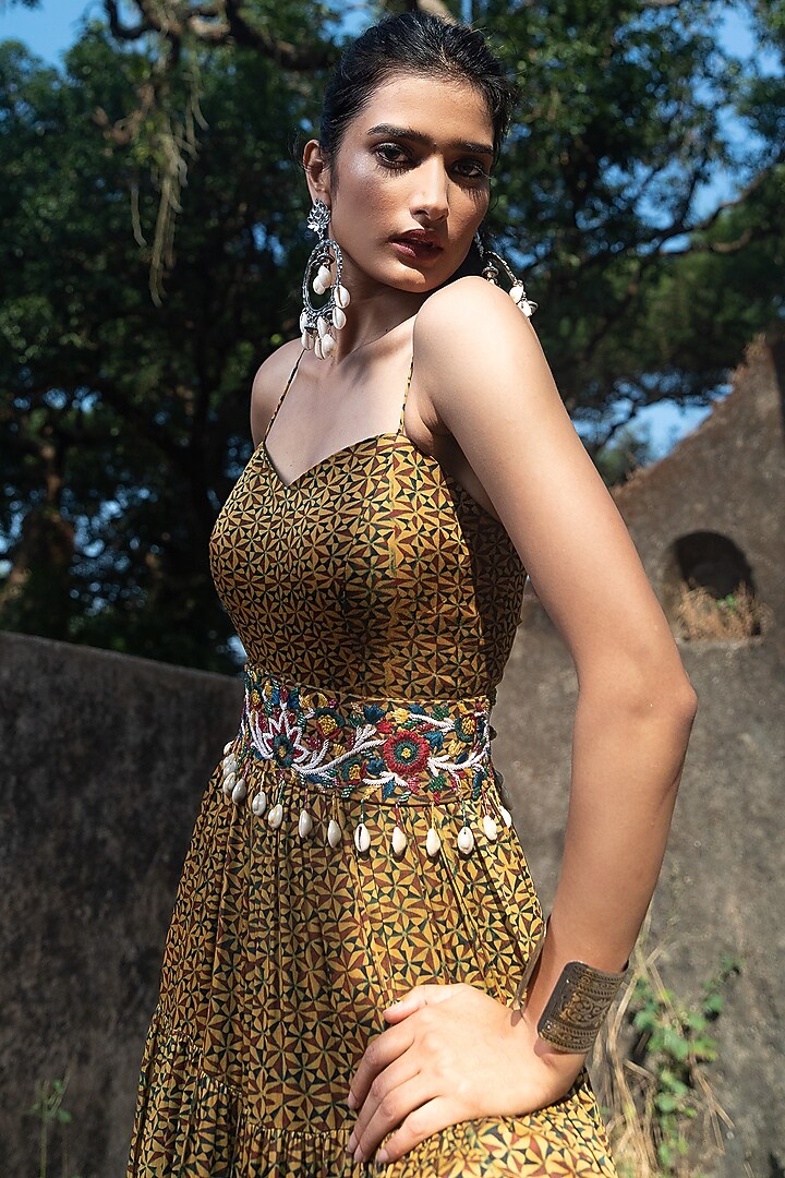 Mustard Yellow Printed & Tiered Party Wear Gown by Nitara Dhanraj Label at Pernia's Pop Up Shop