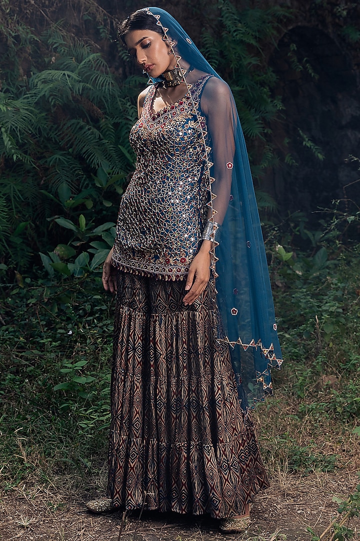 Indigo Blue Printed Sharara Set by Nitara Dhanraj Label