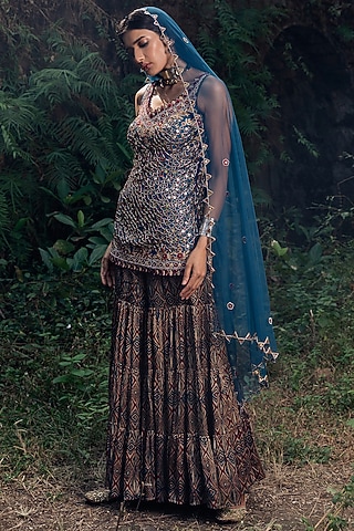 Indigo Blue Printed Sharara Set by Nitara Dhanraj Label