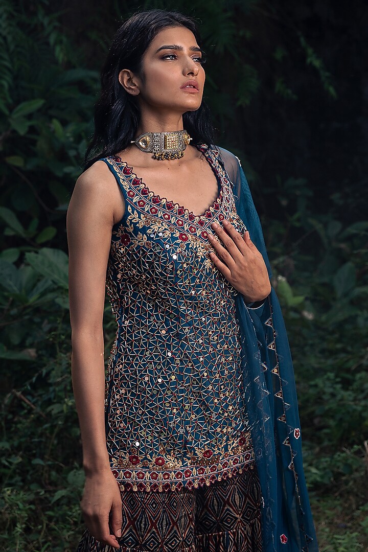 Indigo Blue Printed Wedding Sharara Set by Nitara Dhanraj Label at Pernia's Pop Up Shop