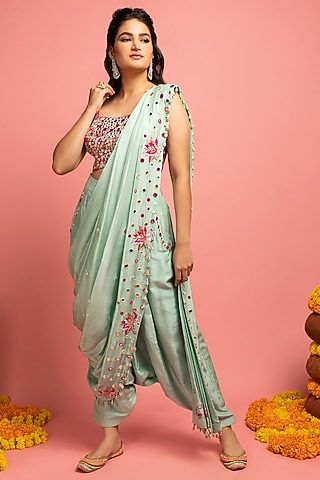 Mint Green Embroidered Pant Saree by Nitara Dhanraj Label