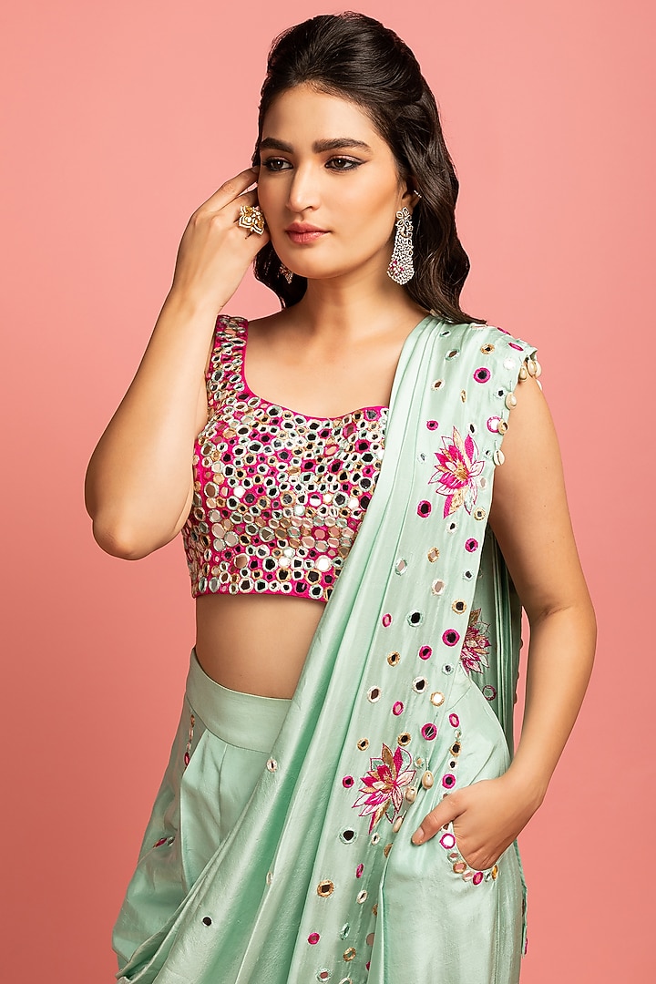 Mint Green Embroidered Pant Wedding Saree by Nitara Dhanraj Label at Pernia's Pop Up Shop