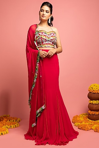 Magenta Pink Georgette Lehenga Set by Nitara Dhanraj Label
