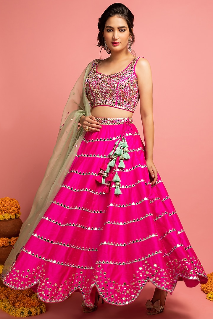 Hot Pink Mirror Embroidered Wedding Lehenga Set by Nitara Dhanraj Label at Pernia's Pop Up Shop