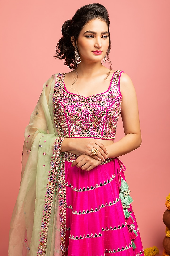 Hot Pink Mirror Embroidered Wedding Lehenga Set by Nitara Dhanraj Label at Pernia's Pop Up Shop