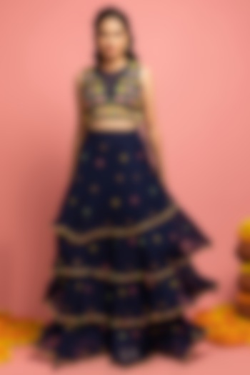 Navy Blue Embroidered Ruffled Wedding Lehenga Set by Nitara Dhanraj Label at Pernia's Pop Up Shop