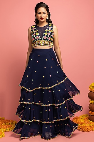 Navy Blue Embroidered Ruffled Lehenga Set by Nitara Dhanraj Label