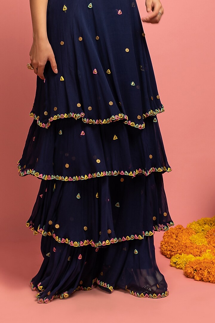 Navy Blue Embroidered Ruffled Wedding Lehenga Set by Nitara Dhanraj Label at Pernia's Pop Up Shop