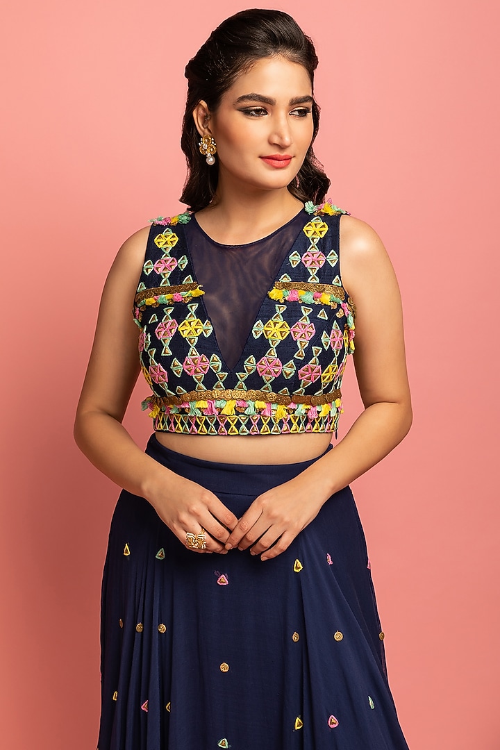 Navy Blue Embroidered Ruffled Wedding Lehenga Set by Nitara Dhanraj Label at Pernia's Pop Up Shop