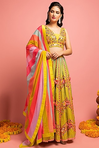 Lime Green Silk Embroidered Lehenga Set by Nitara Dhanraj Label